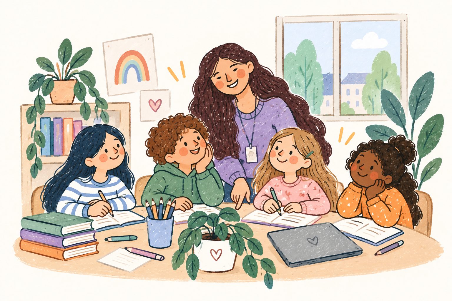 Illustration of a supportive after-school small group learning together around a table.