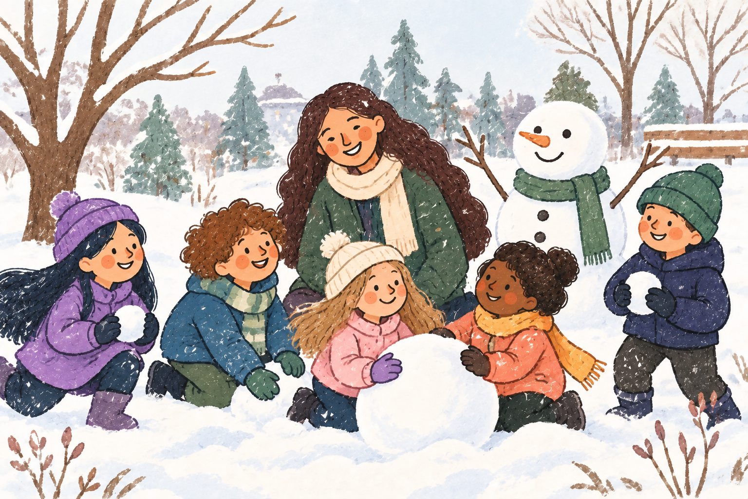 Illustration of children enjoying a collaborative winter camp activity outdoors in the snow.