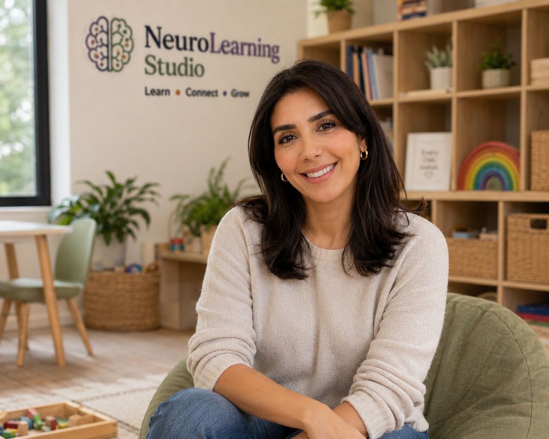 Susan Eskandari, BC certified teacher and founder of NeuroLearning Studio, smiling in the studio.